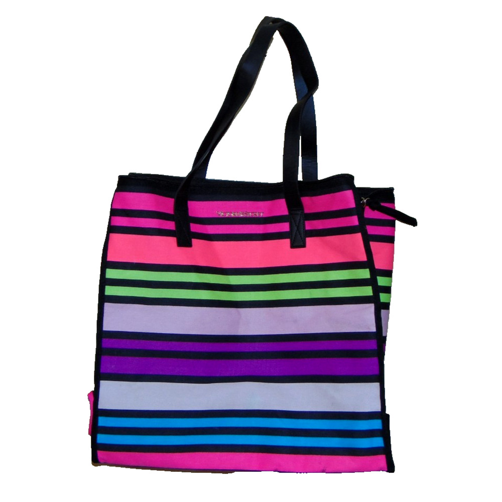 Victoria's Secret Multicolor Stripe Canvas Tote Bag Zip Top Shoulder Beach Large